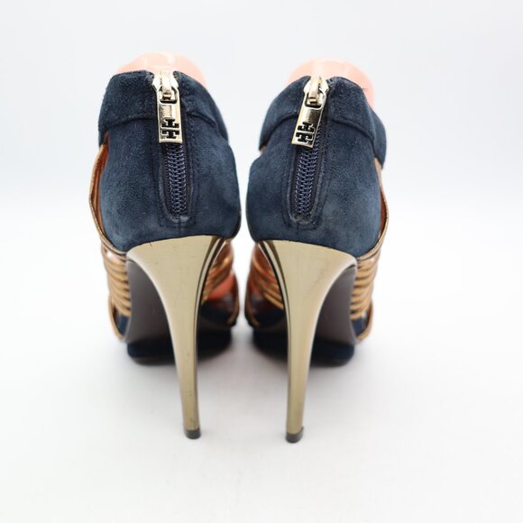 Tory Burch Women's Size 8 M  Blue Navy /Gold Suede Strappy Heels - Picture 5 of 10